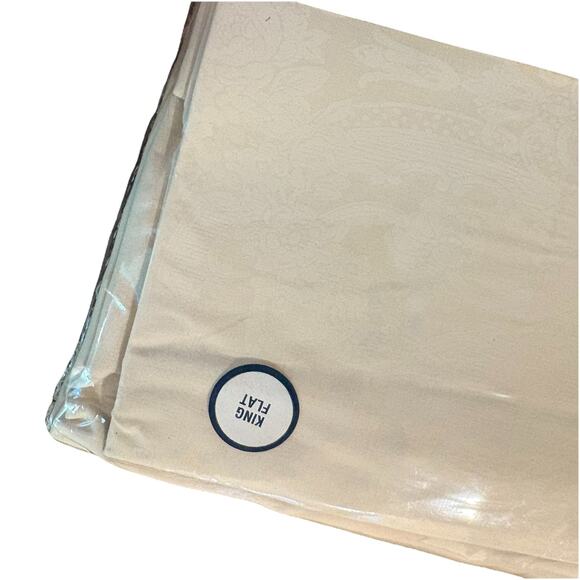 RALPH LAUREN DAMASK AVERY CREAM KING FLAT SHEET 100% COTTON 200 THREAD VTG NOS - Picture 2 of 7